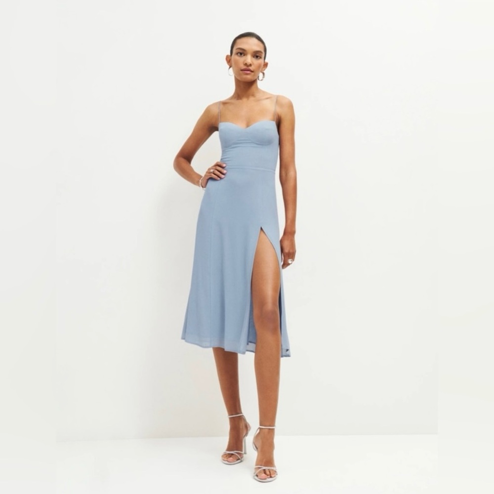 Reformation Blue Strapless Sweetheart Midi Dress